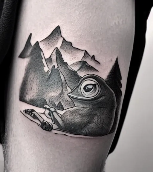 Image similar to tattoo design sketch of pepe the frog, faded background of beautiful mountains and nature on the side, hyper - realistic, in the style of den yakovlev, amazing detail, black and white