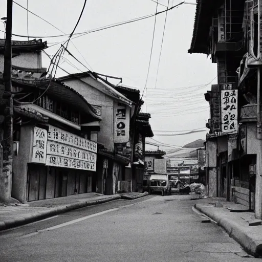 Image similar to 1950s Korean thriller film noir, a view of Shin Sang-ok in the middle of an empty scene, 35mm film, Cooke Varotal 20-100 T3.1