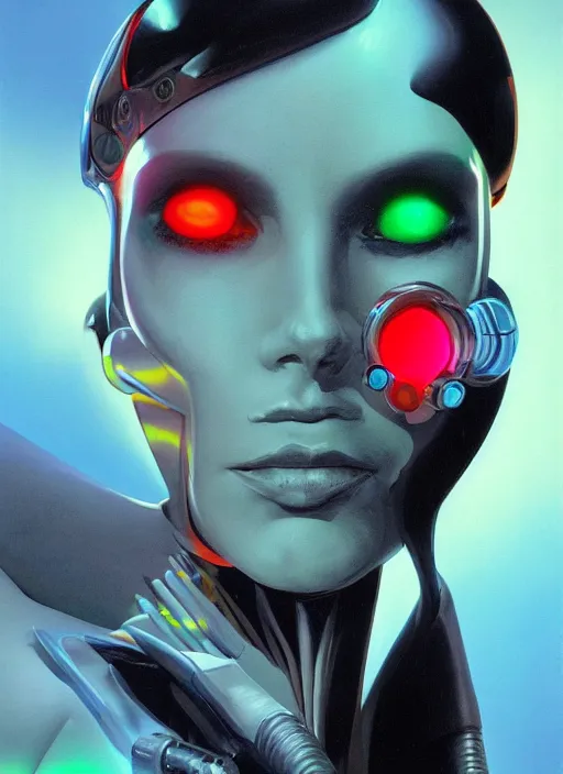Image similar to portrait of a cyborg woman by Roger Dean, neon light, hyper detailled, trending on artstation