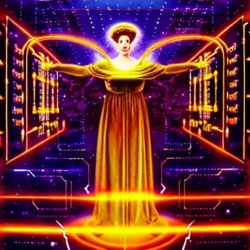 Image similar to the ethereal queen of technology bestows the gift of circuits to humanity. matte painting. fantastic. velvet and gold.