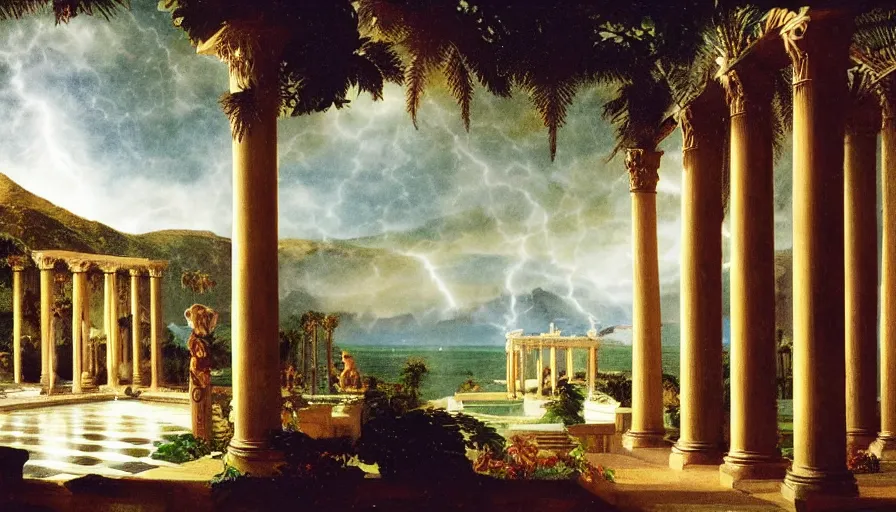 Image similar to Palace of the occult, mediterranean balustrade and columns, refracted sparkles, thunderstorm, greek pool, beach and Tropical vegetation on the background major arcana sky and occult symbols, by paul delaroche, hyperrealistic 4k uhd, award-winning, very detailed paradise