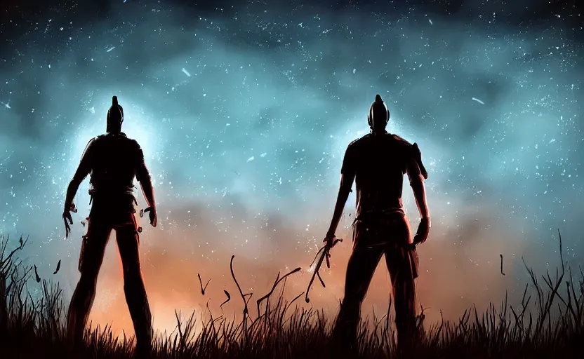 Image similar to view from behind a dead by daylight killer looking up to a night sky with arm raised, stars aligning, character portrait, digital art