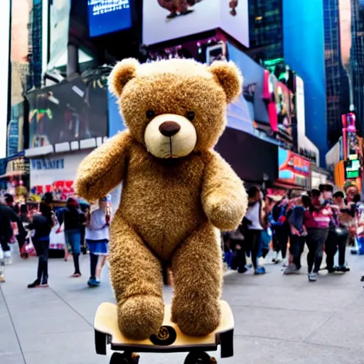 Image similar to a teddy bear on a skateboard in times square