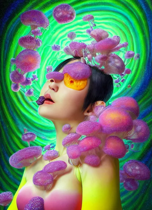 Prompt: hyper detailed 3d render like a Oil painting - kawaii action portrait Aurora (black haired Fae acrobat) seen Eating of the Strangling network of yellowcake aerochrome and milky Fruit and Her delicate Hands hold of gossamer polyp blossoms bring iridescent fungal flowers whose spores black the foolish stars by Jacek Yerka, Mariusz Lewandowski, Houdini algorithmic generative render, Abstract brush strokes, Masterpiece, Edward Hopper and James Gilleard, Zdzislaw Beksinski, Mark Ryden, Wolfgang Lettl, hints of Yayoi Kasuma, octane render, 8k