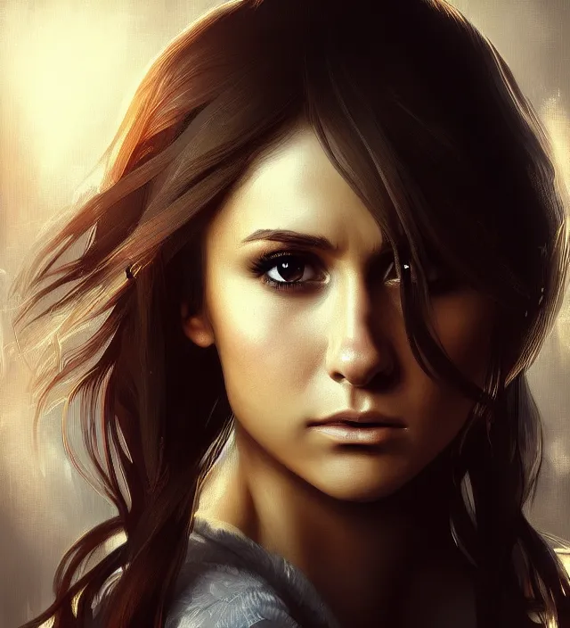 Prompt: portrait of nina dobrev in highschool. intricate, centered, amazing composition by amano yoshitaka, by rembrandt, illustrious makinami, digital art, digital painting, artstation trending, unreal engine