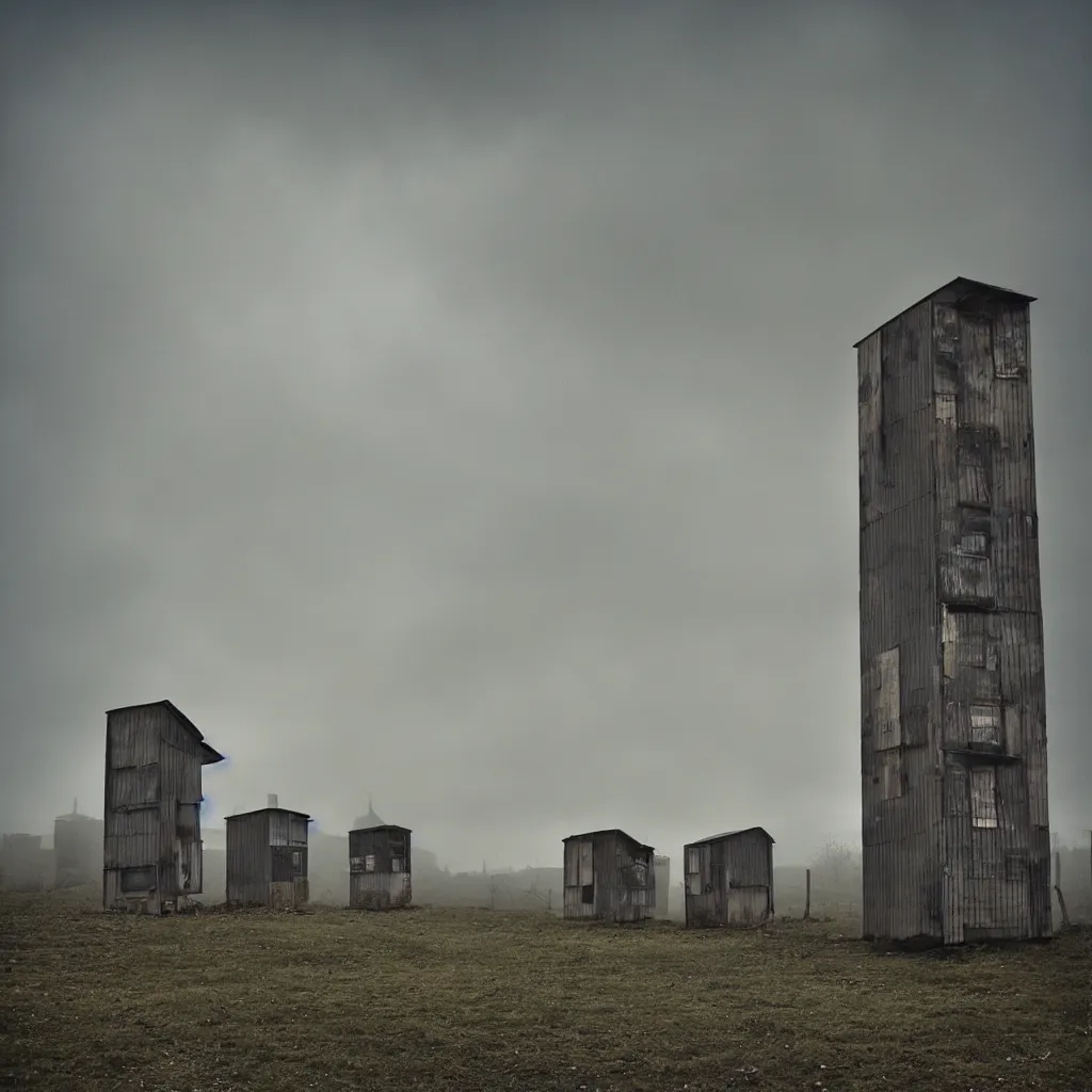 Image similar to two towers, made up of makeshift squatter shacks with faded colours, moody clludy sky, uneven fog, dystopia, mamiya, f 1 1, fully frontal view, photographed by jeanette hagglund