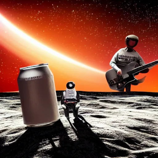 Image similar to a photo of a detailed, realistic, regular sized, sitting idle fender electric guitar next to a sitting idle beer can with an astronaut sitting down on the moon surface. detailed photo. realistic photo. cinematic. cinematic shot