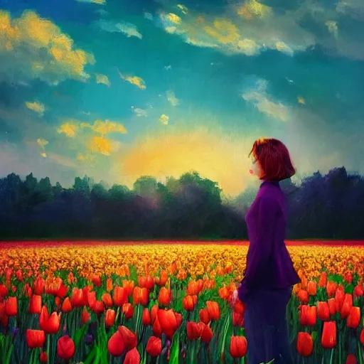 Image similar to large tulip in front of face, girl standing in a flower field, surreal photography, sunrise dramatic light, impressionist painting, colorful clouds, digital painting, artstation, simon stalenhag, flower face