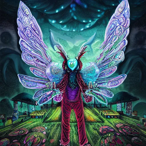 Prompt: A centered chest up portrait of a psychedelic godlike mothman with giant mandala wings smoking a hand-rolled cigarette smoking heavily , magic mushroom village in background , post-processing , award winning. superb resolution. in the art style of junji Ito and greg rutkowski . Detailed Mushroom city in background. Hyper realistic anime. Perfect art. Dalle2