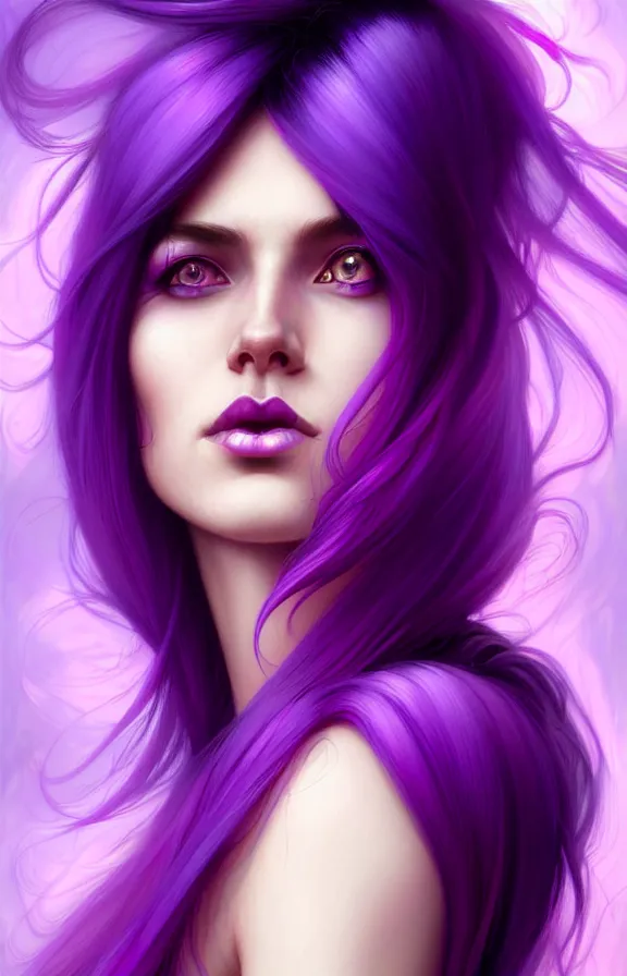 Prompt: Purple hair relistic Portrait of a woman with bright colored flying hair, all shades of purple. Beauty face, Hair coloring, fantasy, intricate, elegant, highly detailed, digital painting, artstation, concept art, smooth, sharp focus, illustration, art by artgerm and greg rutkowski and alphonse mucha