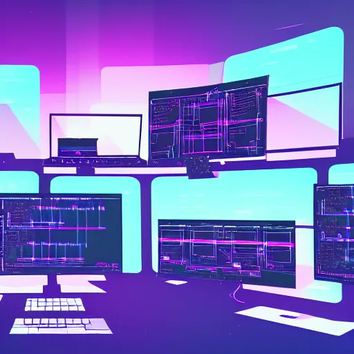Prompt: hacker coding in front of a dozen screens, synthwave, concept art, digital illustration, highly detailed, 8 k wallpaper