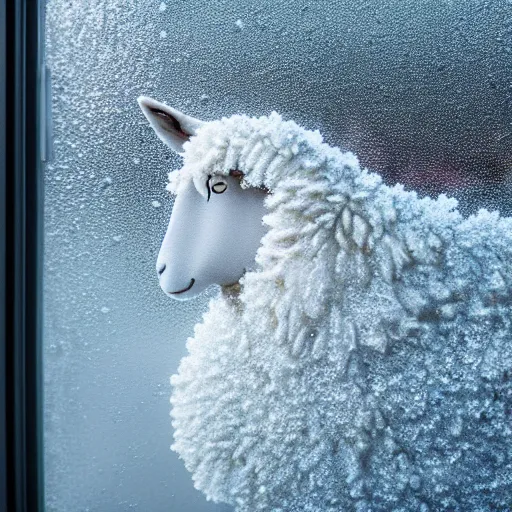 Prompt: a beautiful closeup photo of a frost patterns on a window in a shape of a painting of a sheep, hyper realistic, hyper detailed, octane render, raytracing, frost on a window