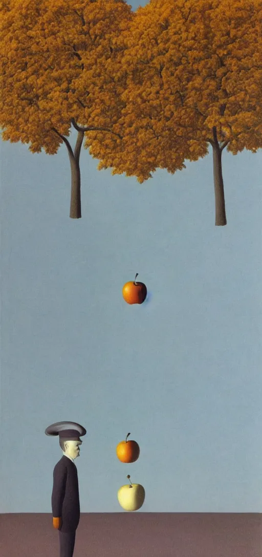 Image similar to Philosopher with apple head walking in the park on an Autumn night by Rene Magritte. Long surreal shadows. Blue.