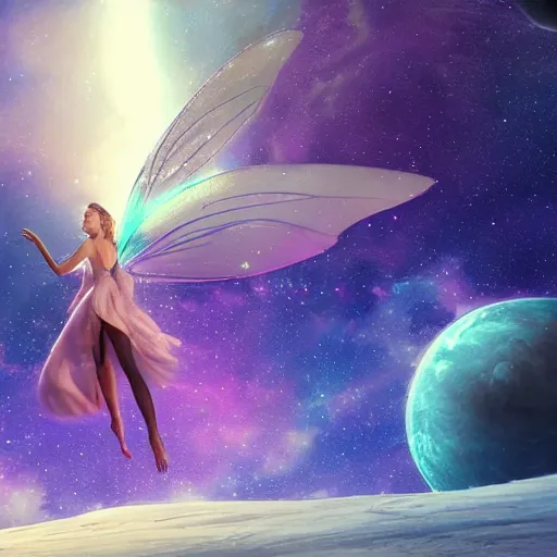 Image similar to magical fairy floating in space, epic, beautiful, stunning concept art, highly detailed, galaxy background, rendered in octane, unreal engine, trending on artstation, realistic, diviantart