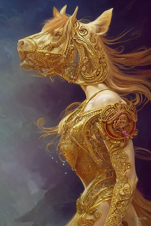 Image similar to a beautiful horse, gold jewellery, dnd, fantasy, intricate, elegant, highly detailed, digital painting, artstation, concept art, smooth, sharp focus, illustration, art by artgerm and greg rutkowski and alphonse mucha