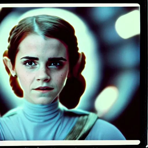 Prompt: film still of emma watson as princess leia organa in star wars, polaroid, photography, film, kodak