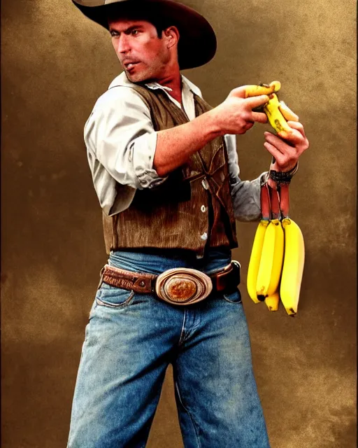 Prompt: A cowboy holding a banana, wild west duel, cinematic