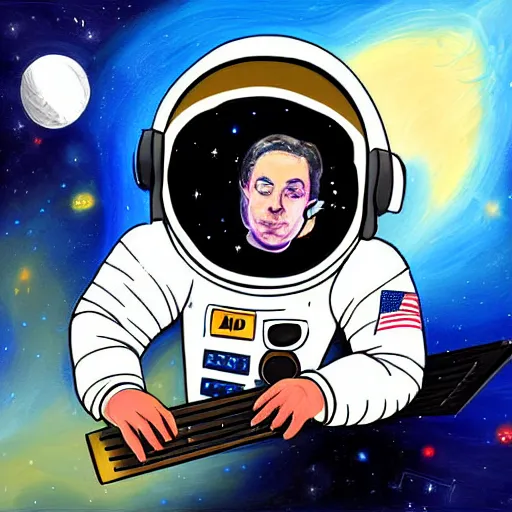 Prompt: an astronaut with headphone playing keyboard in the space, digital painting, digital art, neal adams