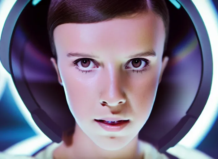 Image similar to film still of!!!! millie bobby brown!!! as princess leia in star wars movie, closeup portrait, wearing long white robe, deep focus, exploring interior of a spaceship, glamour pose, dramatic lighting, octane, mist, volumetric lighting, 8 k