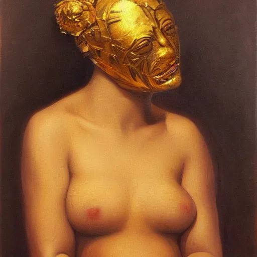 Image similar to Realistic painting of beautiful woman in gold mask who holds black heart, broken into pieces mask like mirror, black cloth, the long shot, dramatic lighting, high-detailed oil painting by Ilya Repin, William Blake, Michelangelo da Caravaggio and Beksinski, masterpiece, 4k