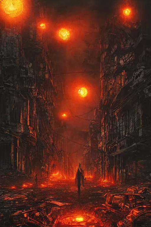 Prompt: Cybernetic Robotic Fire Orb Floating above a destroyed city street, fantasy, metropolis, magic, digital illustration by Seb McKinnon and David Romero