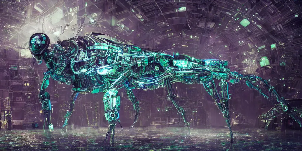 Prompt: photoreal hyper detailed epic story dramatic scene mechanical futuristic mantis robotic cyberpunk mainframe mind-blowing epic microcircuitry cybernetic fantastical beings dancing reflective logic circuits robot metallic outerworldly creatures, floating phytoplankton-diatom robot jellyfish, against a multidimensional multiverse background, bizarre hard electronic transparent hive mind, 8k octane render, unreal engine 5, extremely intricate high detail, 8K detail post processing, path based unbiased rendering, moody lighting rendered by octane engine