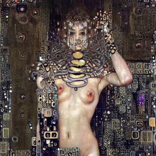 Prompt: depraved cybernetic deities trapped in circuitry, intricate detail, klimt, royo, whealan,