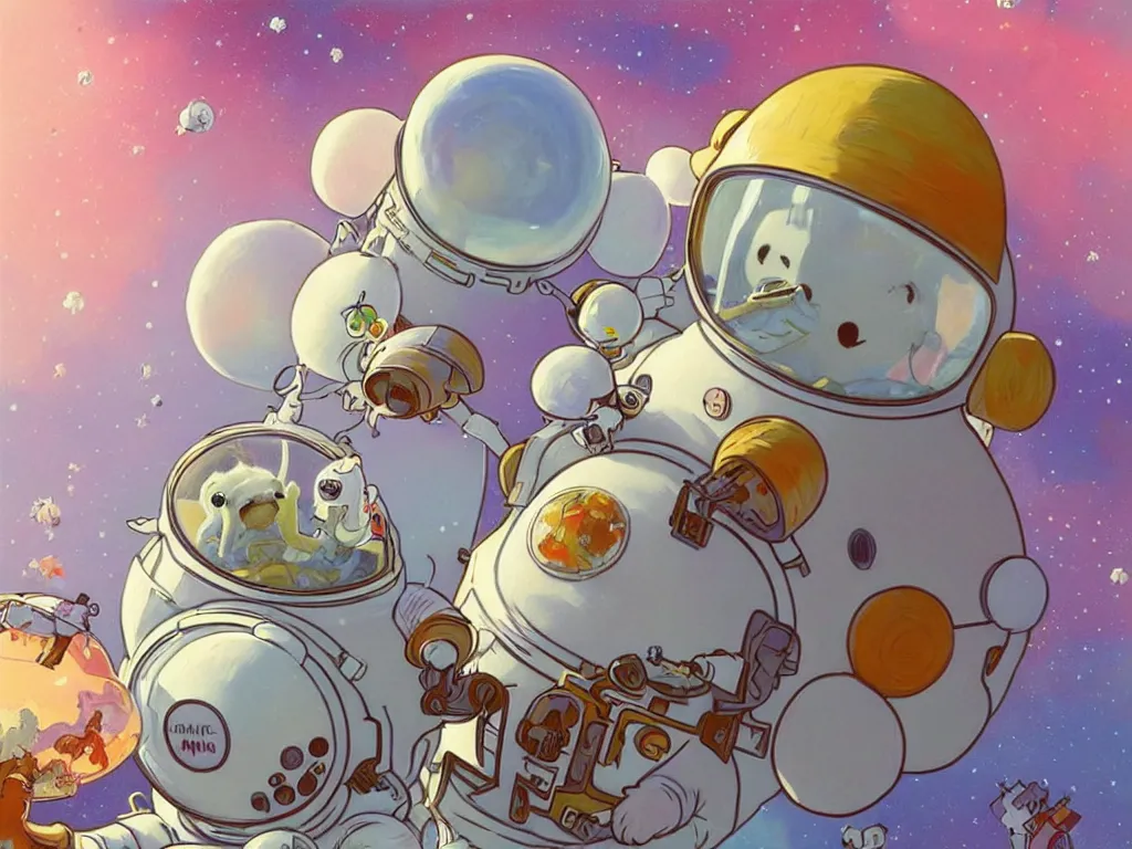 Image similar to moomins in space suits flying around with jetpacks discovering the mushroom planet, looking cute, photorealistic painting, movie still, warm colors, fluffy, cozy, low light, art by stanley lau and artgem and magali villeneuve and alphonse mucha, trending on artstation