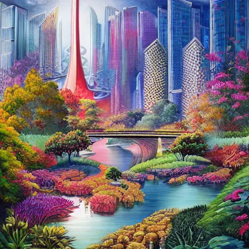 Image similar to Unbelievable city of the future in harmony with nature. Beautiful detailed painting by Lurid. (2022)