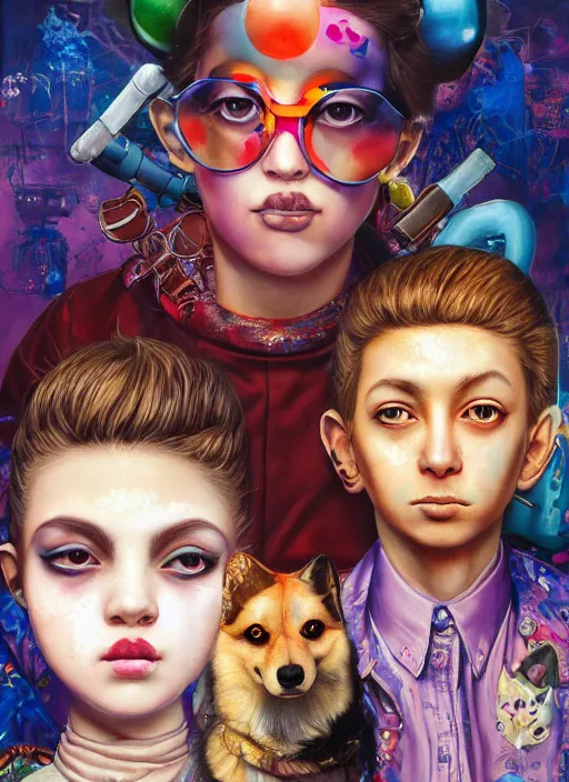 Prompt: beautiful portrait painting of a young French lofi cyberpunk princess and her corgi assassin king, by Afarin Sajedi, Alessandro Barbucci, Alex Gross, Shin Jeongho, Shohei Otomo. trending on Artstation, 8k, masterpiece, face enhance, graffiti paint, fine detail, full of color, intricate detail, golden ratio illustration