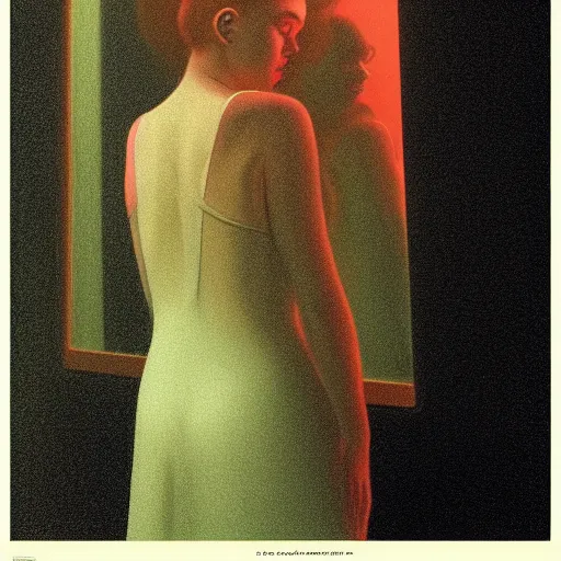 Prompt: silhouette of a Elle Fanning gazing in a mirror, pitch black room, extremely detailed masterpiece, oil on canvas, low-key neon lighting, artstation, Blade Runner 2049, Roger Deakin’s cinematography, by J. C. Leyendecker and Edward Hooper and Bosch,