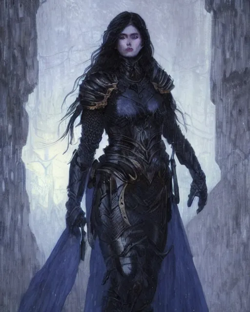 Image similar to a beautiful woman dark hair in an armor with dark eyes, elegant, dark blue, ethereal horror fantasy art by greg rutkowski and magali villeneuve and claude monet, detailed face