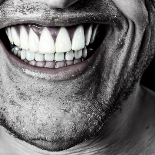 Prompt: scary photograph of a man with yellow decaying teeth, close up photograph taken on an iphone 4, flash lighting in a dark room, 4 k