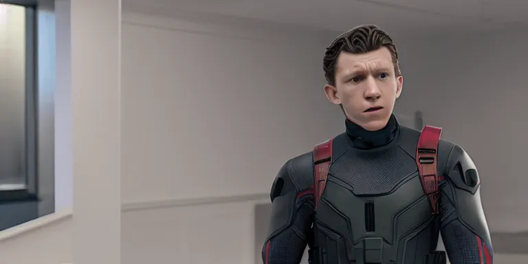 Image similar to still frame from a movie, medium shot of an anxious tom holland in a swat suit on the left, urban, rule of third, alexa 65, cooke prime 50mm, cinematic, film grain, flare