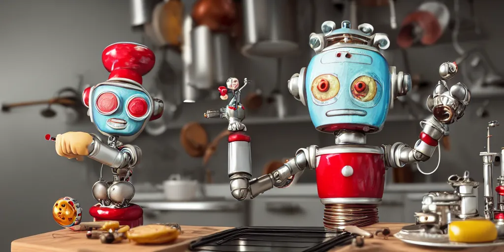 Image similar to closeup portrait of tin toy retro robot mad scientists cooking pastry in a kitchen, depth of field, zeiss lens, detailed, centered, fashion photoshoot, by nicoletta ceccoli, mark ryden, lostfish, breathtaking, 8 k resolution, extremely detailed, beautiful, establishing shot, artistic, hyperrealistic, octane render