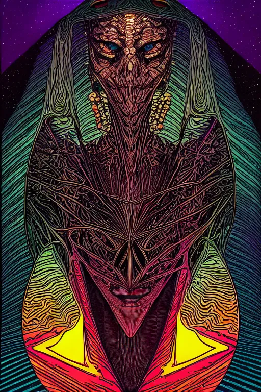 Image similar to portrait of black and psychedelic grainshading print by dan mumford, moebius, goblinko, richard corben, wayne barlowe, heavy metal comic cover art, psychedelic triangular skeleton, very intricate, thick outline, full body, symmetrical face, long black crown, in a shapes background, galactic dark colors
