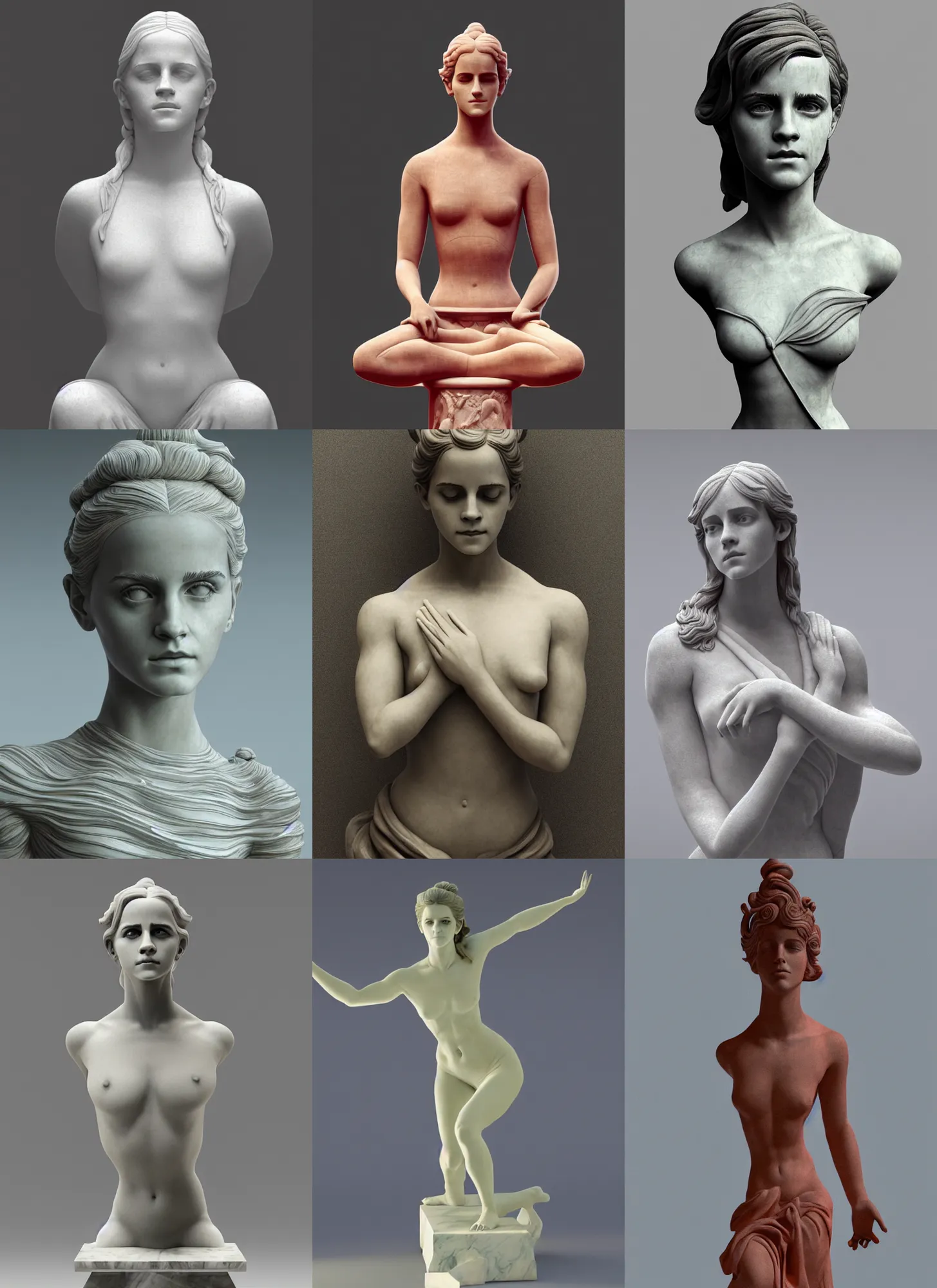 Prompt: 3D print marble sculpture of Emma Watson by Jean-Baptiste Carpeaux and Luo Li Rong and Michael James Talbot, yoga meditation pose, beautiful body, perfect symmetrical face, bright psychedelic colors, full length shot, elegant, academic art, realistic, 8K, female full-skin figure, Hyperrealism, Subsurface scattering, raytracing, soft light, Octane Render, Redshift, Zbrush