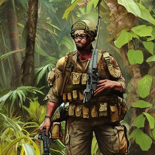 Prompt: american commandos patrolling south american jungle, in the style of artgerm and greg rutkowski and alphonse mucha