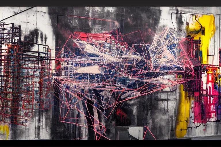 Image similar to neural industrial machines, multilayer glitch effect in spatial perceptron synapses, matte painting, 4 k, epic composition, volumetric light, abstract illusionism, by robert rauschenberg, edvard munch, jean - michel basquiat, pour paint, modern street art, grunge wall