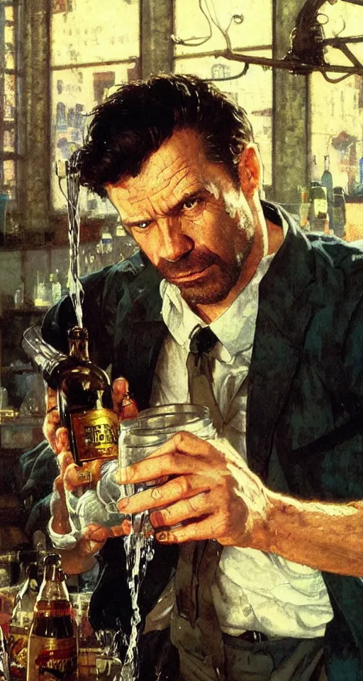 Image similar to close up of max payne pouring a drink, sun shining, photo realistic illustration by greg rutkowski, thomas kindkade, alphonse mucha, loish, norman rockwell.