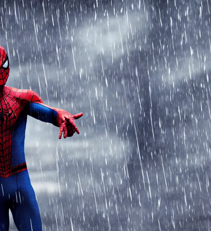 Image similar to cinematic of tobey maguire as spiderman, dramatic rain, 8 k
