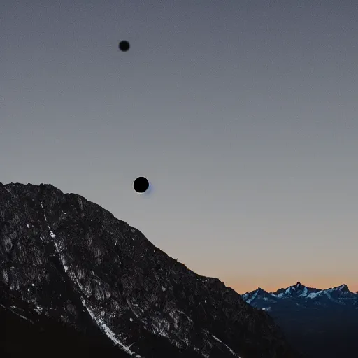 Image similar to a black dot in the sky pulling a mountain up towards it, dark lighting, landscape