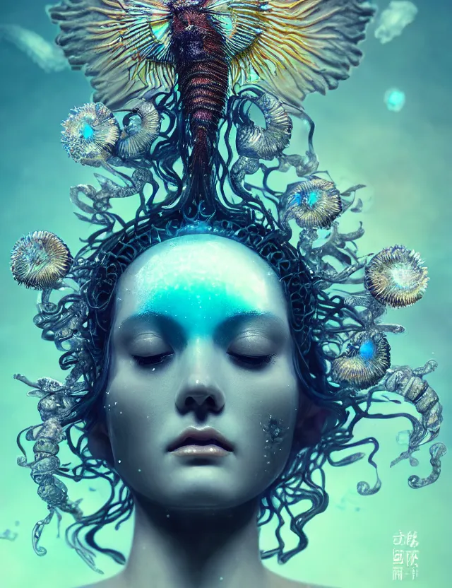 Image similar to goddess macro close - up portrait wigh crown made of ram skull. betta fish, jellyfish phoenix, bioluminiscent, plasma, ice, water, wind, creature, super intricate ornaments artwork by tooth wu and wlop and beeple and greg rutkowski