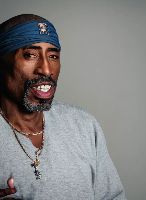 Image similar to DSLR photo portrait still of 50 year old age 50 Tupac at age 50!!!, 85mm f1.8