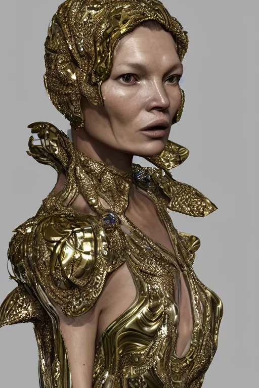 Prompt: a highly detailed metahuman render portrait of an alien goddess kate moss in iris van herpen dress schiaparelli in diamonds and jewelry in style of alphonse mucha trending on artstation made in unreal engine 4