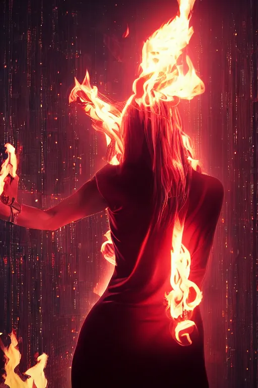 Image similar to young blonde woman from behind with flames dancing on her hands with a long jacket in a cyberpunk city, realistic, high definition, 4K, shimmering color, art of pixal