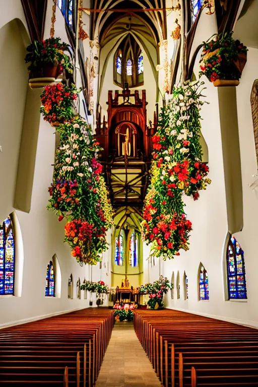 Image similar to photo inside a church full of flowers, ornate, highly detailed