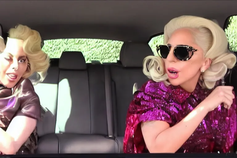 Image similar to lady gaga and judy in garland carpool karaoke, highly realistic, highly detailed, high resolution, 8 k 4 k,