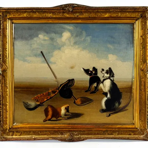 Image similar to dutch golden age painting of a corgi flying on a broomstick