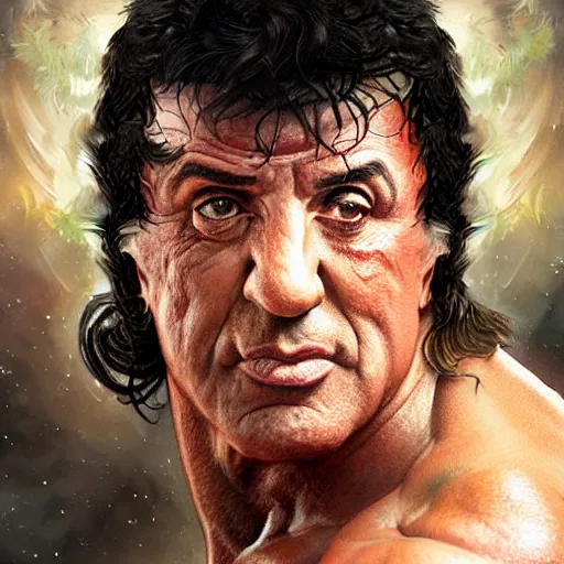 Image similar to Sylvester Stallone boxing master, closeup, D&D, fantasy, intricate, elegant, highly detailed, digital painting, artstation, concept art, matte, sharp focus, illustration, hearthstone, art by Artgerm and Greg Rutkowski and Alphonse Mucha